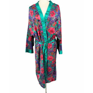 Vintage La Cera Robe Womens Size Large Satin Floral Belted Long Tropical Elegant